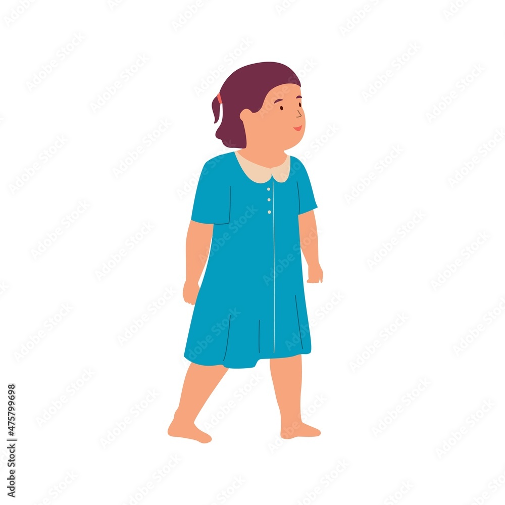 Cute small doodle girl. Cartoon baby in blue dress. Barefoot walking kid. Happy character playing in kindergarten. Smiling preschool child. Human age development. Vector illustration Cute small doodle girl. Cartoon baby in blue dress. Barefoot walking kid. Happy character playing in kindergarten. Smiling preschool child. Human age development. Vector illustration