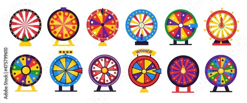 Fortune wheel. Spin casino game. Lottery lucky winner gaming turn with colored circles and arrows. Betting or roulette playing. Vector chance and prize rotating gambling equipment set