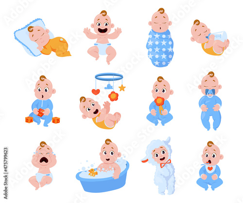New born baby. Cartoon toddler boy and girl characters laughing and crying. Sleeping or playing little kids. Infants with diapers and pacifiers. Human age. Vector cute cheerful children