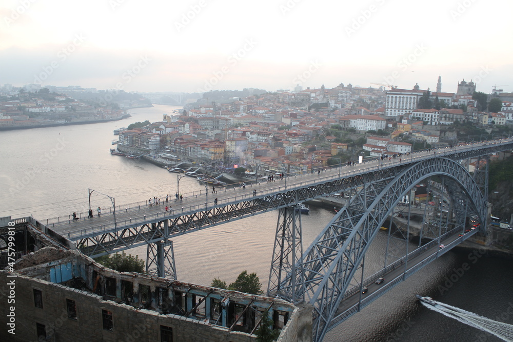 Portugal, Porto, Luis I Bridge on a sunset, the top view