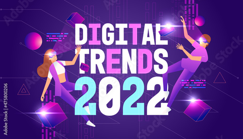 Digital trends 2022 with Metaverse or Virtual reality technology concept. Man and woman in digital glasses.