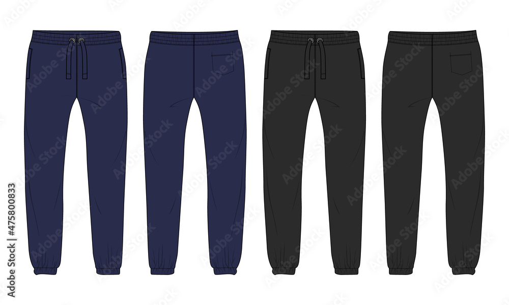 Black and navy color Basic Sweat pant technical fashion flat sketch ...