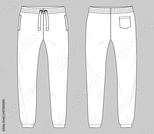 Fleece fabric Jogger Sweatpants overall technical fashion flat sketch vector illustration template front, back views. Apparel Clothing Design Mock up Cad.