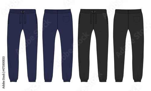 Black and navy color Basic Sweat pant technical fashion flat sketch template front, back views. Apparel Fleece Cotton jogger pants vector illustration drawing mock up for kids and boys.
