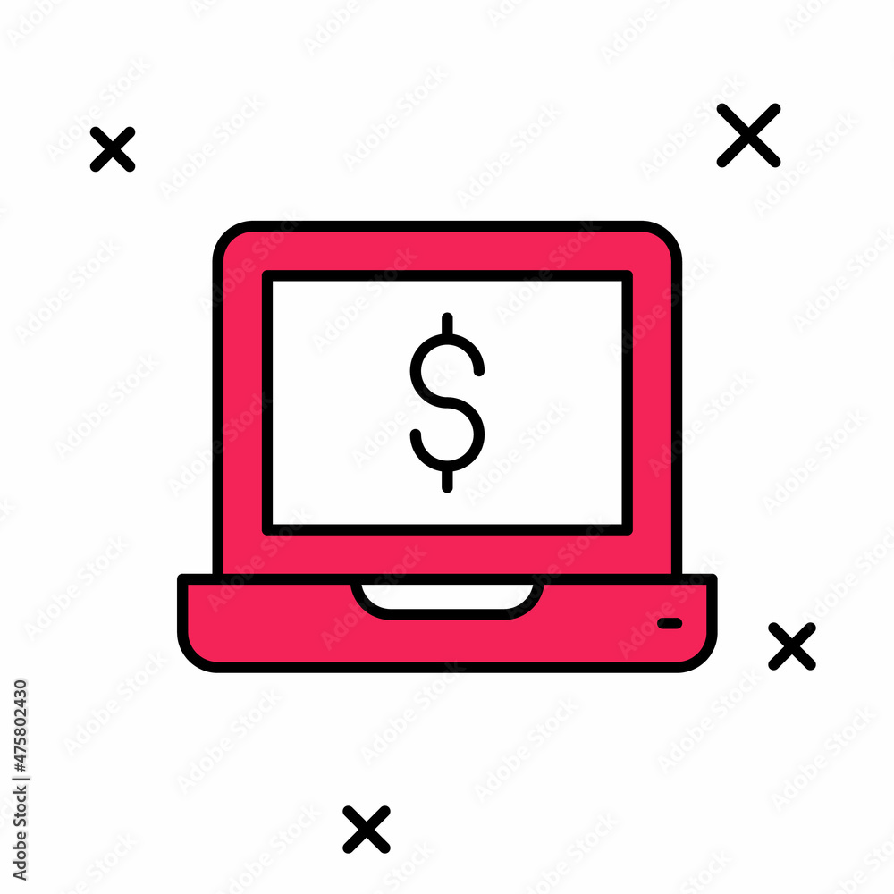 Filled outline Laptop with dollar icon isolated on white background. Sending money around the world, money transfer, online banking, financial transaction. Vector Filled outline Laptop with dollar icon isolated on white background. Sending money around the world, money transfer, online banking, financial transaction. Vector