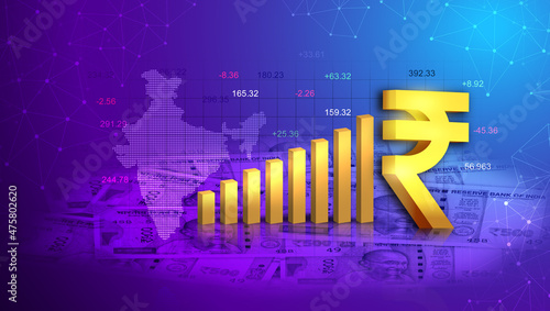 business growth concept, Indian rupee icon with graphs illustration with stock market data. 3D rendering
