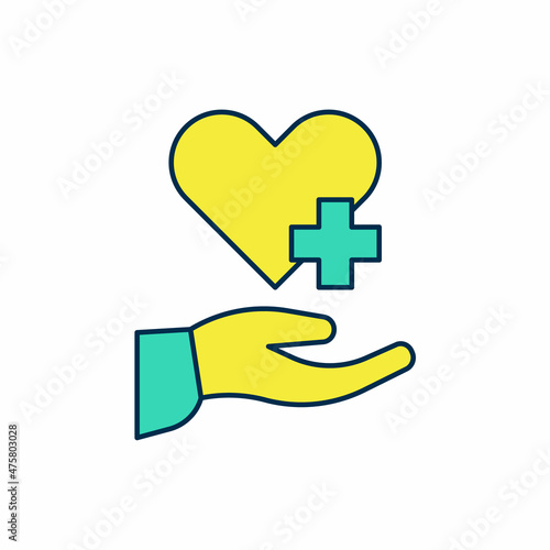 Filled outline Heart with a cross icon isolated on white background. First aid. Healthcare, medical and pharmacy sign. Vector