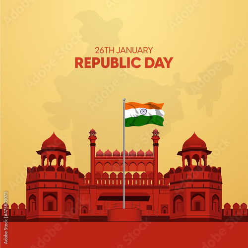 Indian republic Day celebrations with 26th January india 3d text and Ashoka Wheel, try color hand, man running with indian flag, india gate. vector illustration design
