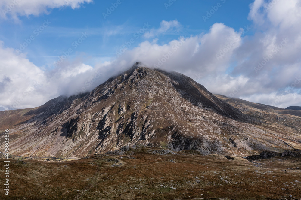Aerial view of flying drone Epic landscape Autumn image of Pen Yr Ole Wen in Snowdonia National Park with copyspace Aerial view of flying drone Epic landscape Autumn image of Pen Yr Ole Wen in Snowdonia National Park with copyspace