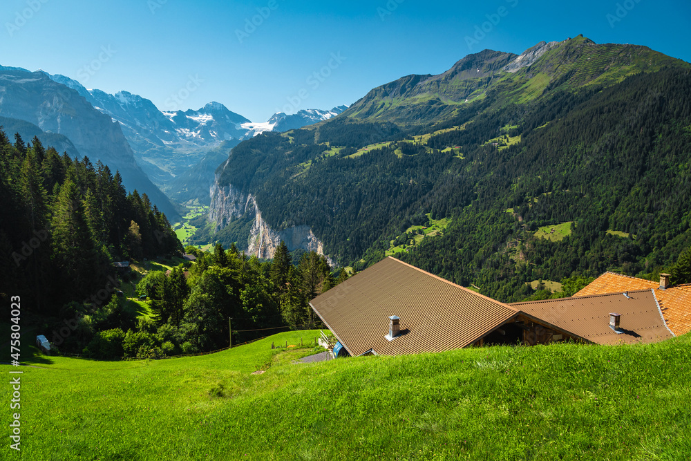 House on the slope with beautiful view, Lauterbrunnen valley, Switzerland
