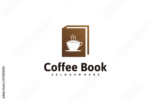 book logo design inspiration with a cup of coffee logo design.