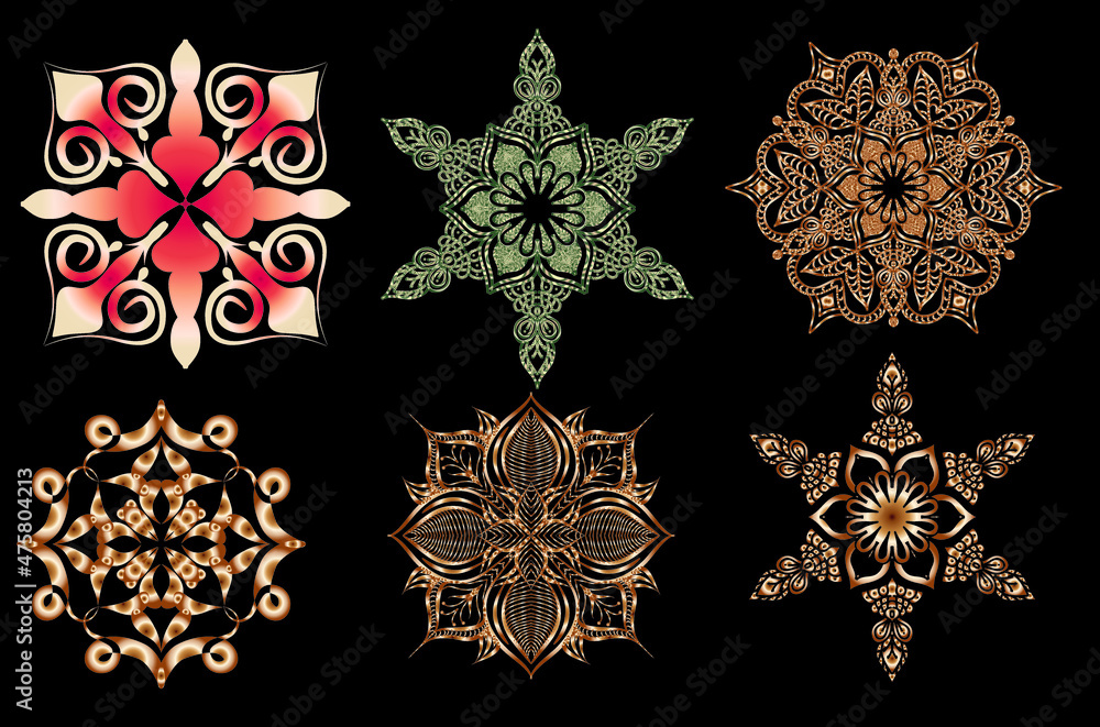 colored mandala set on black background colored mandala set on black background