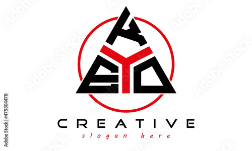 triangle badge with circle EKO letter logo design vector, business logo, icon shape logo, stylish logo template