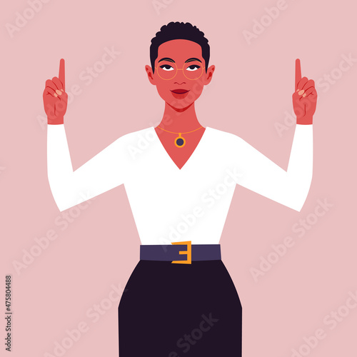 A young woman making attention gesture. The businesswoman points her two forefingers up. Vector flat illustration