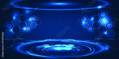 Vector illustrations of Neon glowing futuristic pedestal and podium stage layout for hi tech showcase.Digital tech concept.