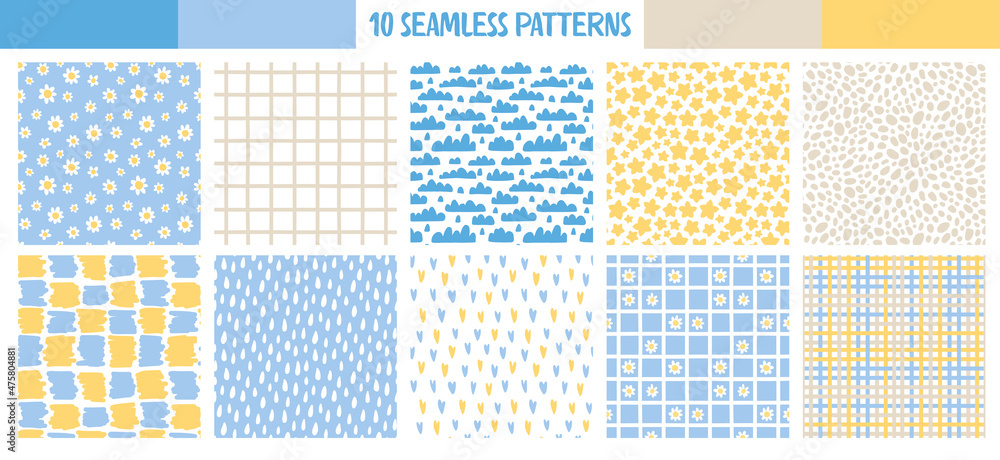 10 trendy vector seamless patterns. Set of stylish modern background textures. Chamomiles, dots, squares, cells, hearts, clouds, stars and abstract spots. Good for designers. 10 trendy vector seamless patterns. Set of stylish modern background textures. Chamomiles, dots, squares, cells, hearts, clouds, stars and abstract spots. Good for designers.