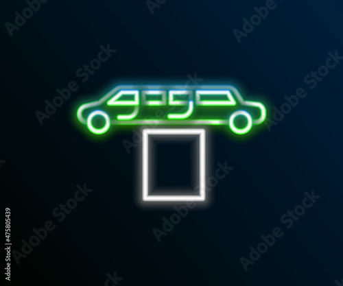 Glowing neon line Luxury limousine car and carpet icon isolated on black background. For world premiere celebrities and guests poster. Colorful outline concept. Vector