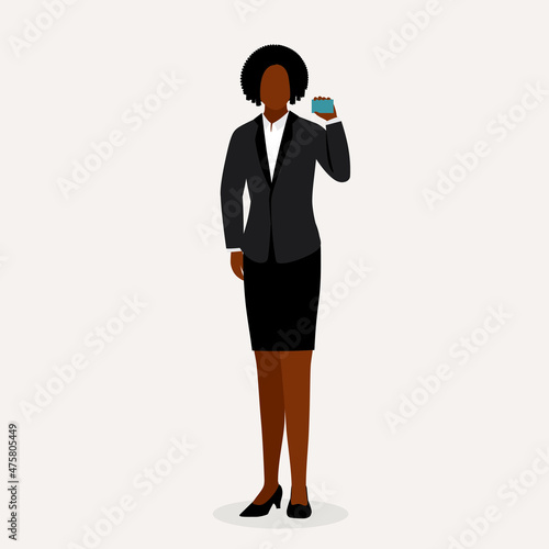 Black Businesswoman Holding A Small Blank Card At Her Neck Level.