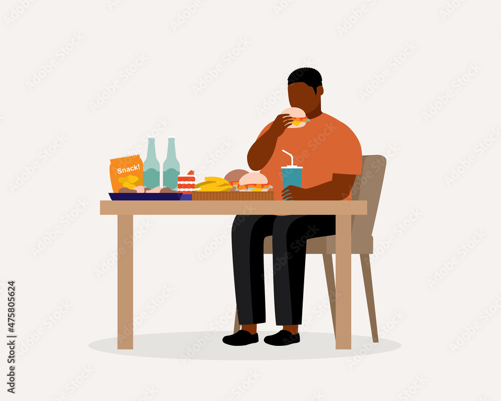 Young Fat Man Overeating With Unhealthy Food And Drinks. Binge Eating. Unhealthy Eating. Young Fat Man Overeating With Unhealthy Food And Drinks. Binge Eating. Unhealthy Eating.