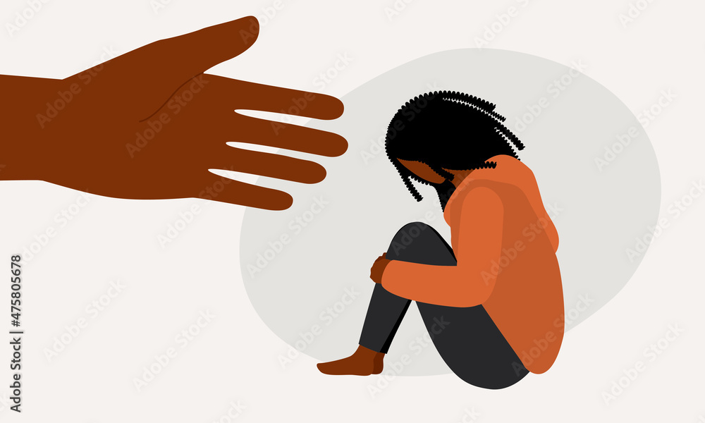 Obraz premium Depressed Black Woman With A Helping Hand. Mental Health Support.