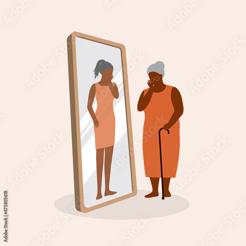 Sad Elderly Black Woman Looking At The Mirror Wishing Helfself Getting Younger. Fear Of Age. Gerascophobia.