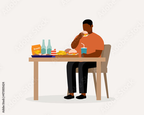 Young Fat Man Overeating With Unhealthy Food And Drinks. Binge Eating. Unhealthy Eating.