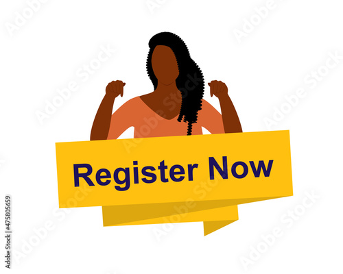Young Black Woman With Both Fingers Pointing Down At A Banner With The Word "Register Now".