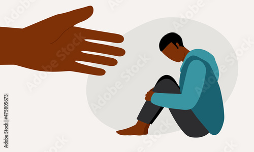 Depressed Black Man With A Helping Hand. Mental Health Support.