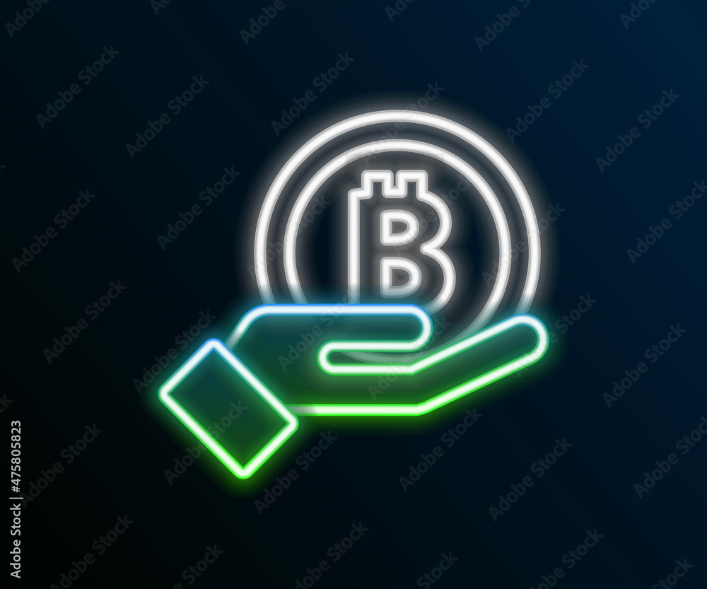 Glowing neon line Hand holding Bitcoin icon isolated on black background. Blockchain technology, digital money market, cryptocoin wallet. Colorful outline concept. Vector Glowing neon line Hand holding Bitcoin icon isolated on black background. Blockchain technology, digital money market, cryptocoin wallet. Colorful outline concept. Vector