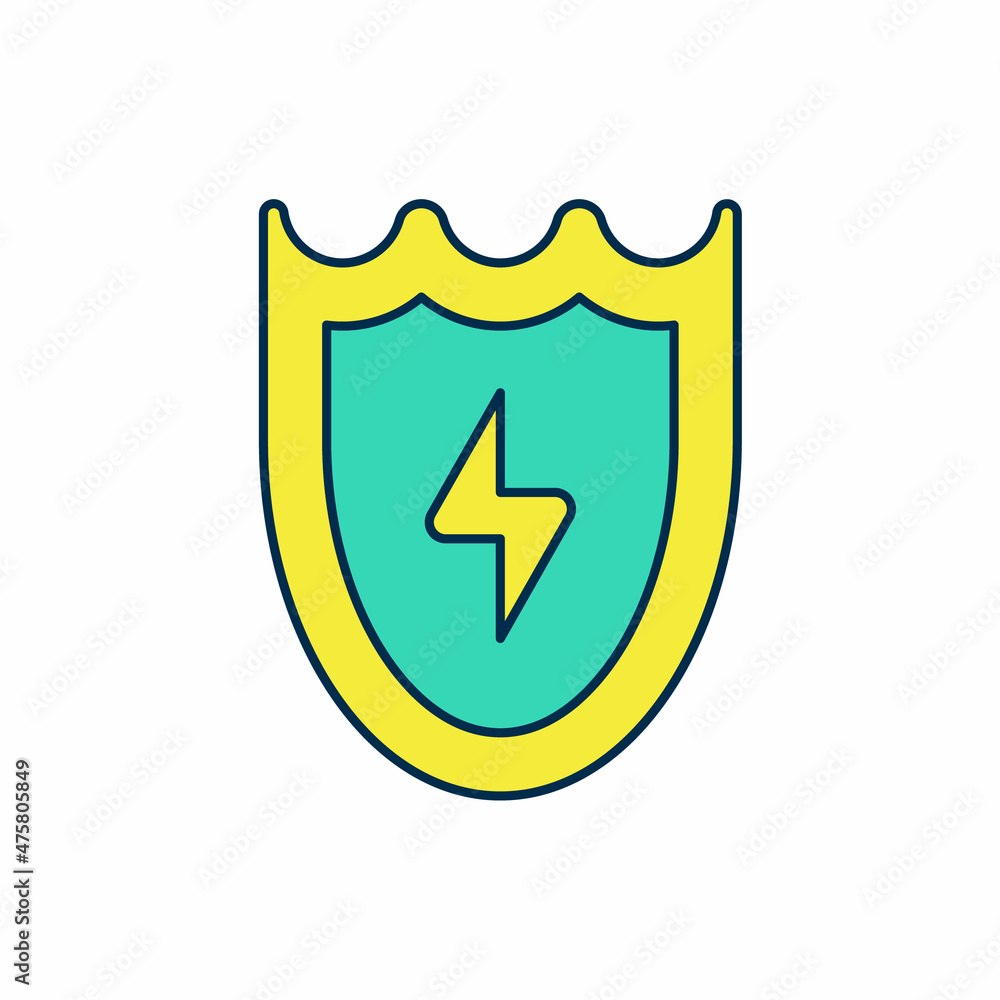 Filled outline Lightning and shield icon isolated on white background. High voltage shield. Safe energy. Vector Filled outline Lightning and shield icon isolated on white background. High voltage shield. Safe energy. Vector