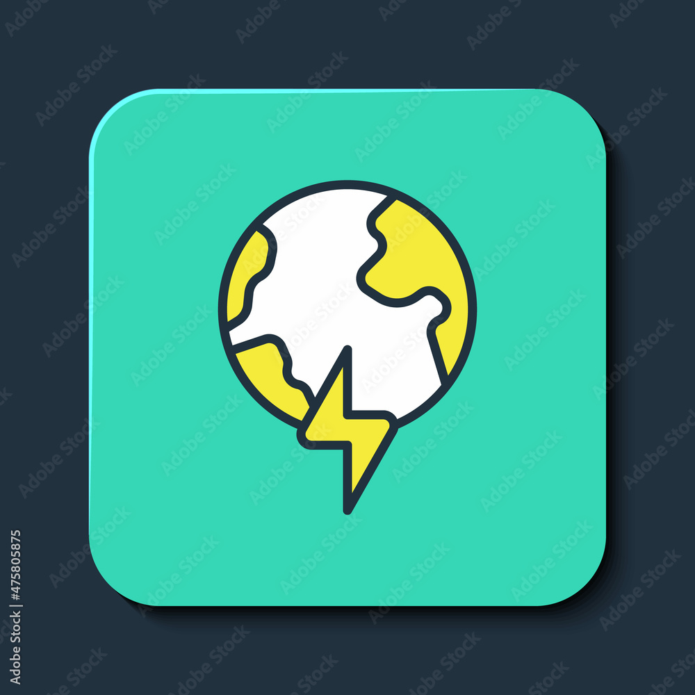 Filled outline Global energy power planet with flash thunderbolt icon isolated on blue background. Ecology concept and environmental. Turquoise square button. Vector Filled outline Global energy power planet with flash thunderbolt icon isolated on blue background. Ecology concept and environmental. Turquoise square button. Vector