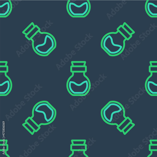 Line Poison in bottle icon isolated seamless pattern on blue background. Bottle of poison or poisonous chemical toxin. Vector