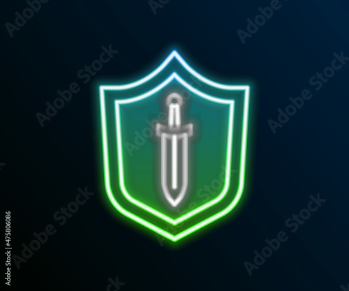 Glowing neon line Medieval shield with sword icon isolated on black background. Colorful outline concept. Vector