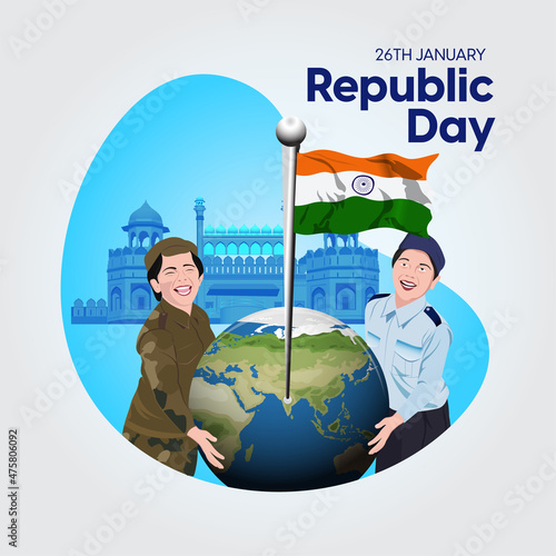 Indian republic Day celebrations with 26th January india 3d text and Ashoka Wheel, try color hand, man running with indian flag, india gate. vector illustration design
