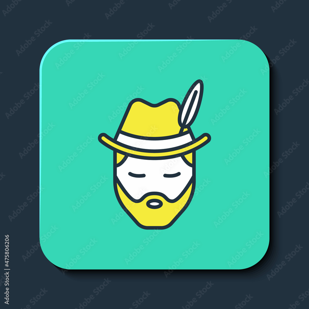 Filled outline Man dressed for German Oktoberfest icon isolated on blue background. Turquoise square button. Vector
