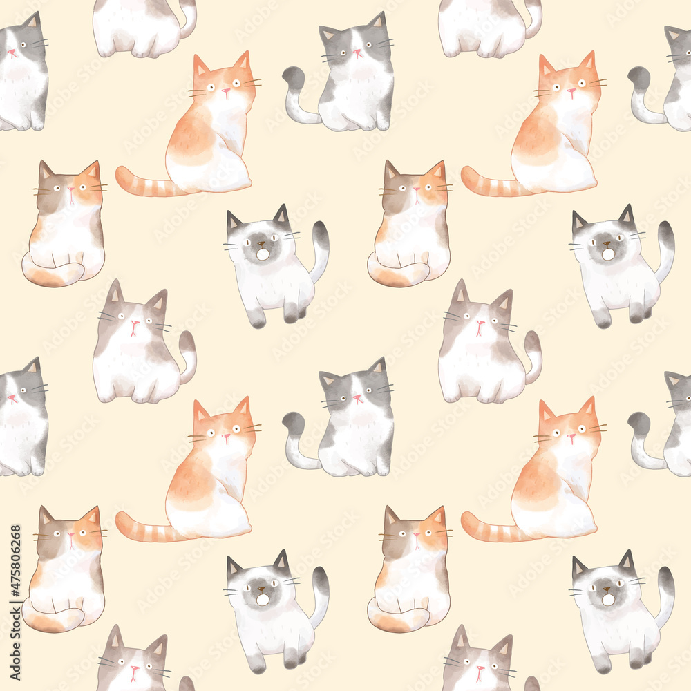 Seamless Pattern of Cartoon Cat Illustration Design on Light Yellow Background