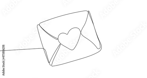 Animated continuous line drawing of envelope with heart. Happy Valentines Day. Love card.
