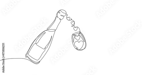 Animated continuous line drawing of bottle and glass of wine in heart shape. Happy valentines day. Concept of romantic date
