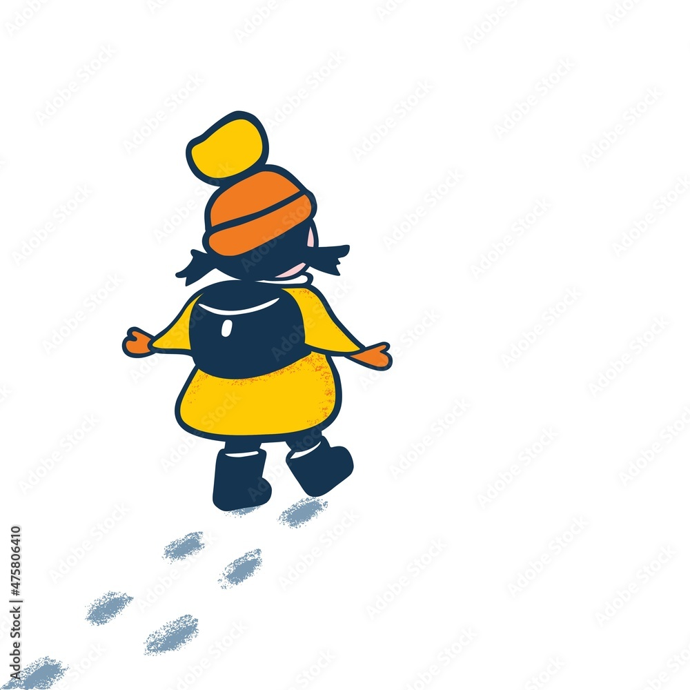 Little cute girl in a yellow coat, orange pompom hat, with a school bag, walking and leaving footprints in the snow. Back view. Flat hand drawn minimal vector illustration.