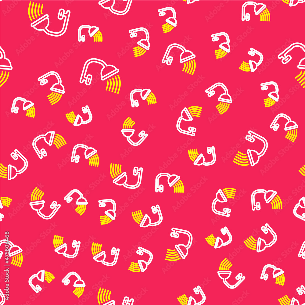 Line Shower head with water drops flowing icon isolated seamless pattern on red background. Vector Line Shower head with water drops flowing icon isolated seamless pattern on red background. Vector