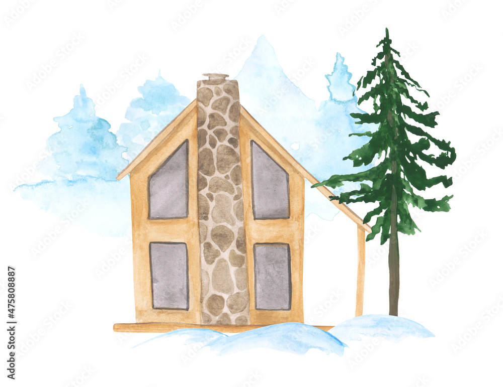 Naklejka premium Cabin, pine tree, and snow isolated on a white background. Watercolor 2 floors building, green snd blue trees concept. Facade of a modern house and landscape scene objects.