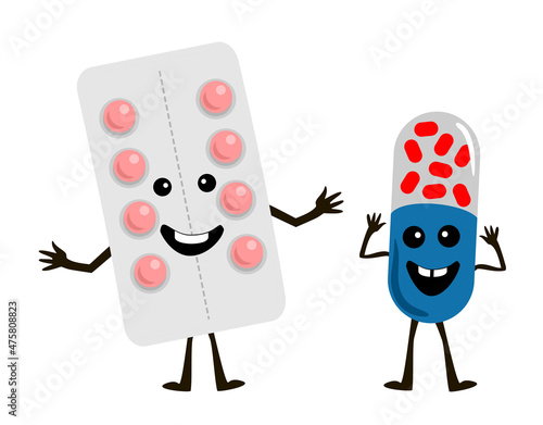 Cute cartoon pill capsule with kawaii face and a blister with pills. Cute tablets and capsules characters isolated. Funny cartoon drugs. Vector illustration. Greeting card, nursery art, clip art