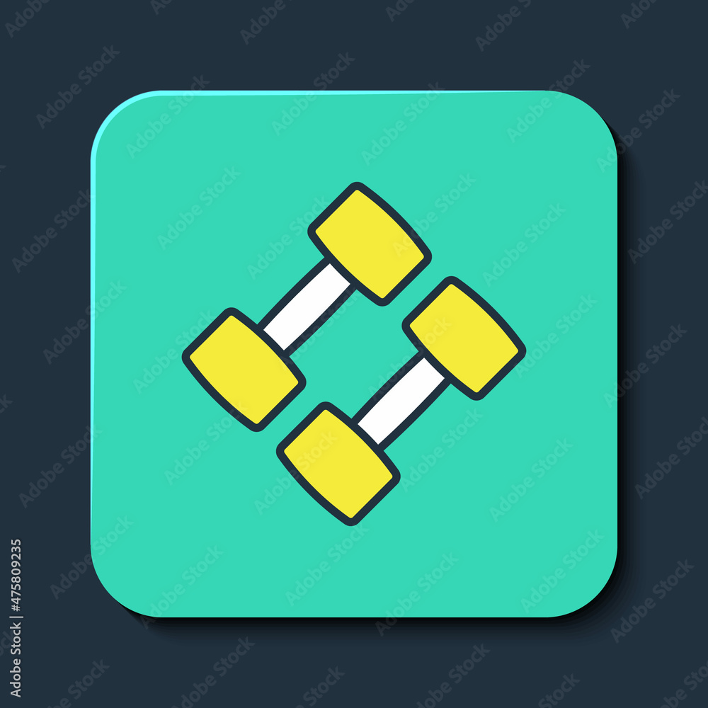 Filled outline Dumbbell icon isolated on blue background. Muscle lifting, fitness barbell, sports equipment. Turquoise square button. Vector Filled outline Dumbbell icon isolated on blue background. Muscle lifting, fitness barbell, sports equipment. Turquoise square button. Vector