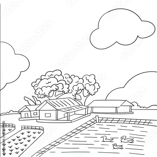 Indian village view Vector for kids coloring book black and white Illustration