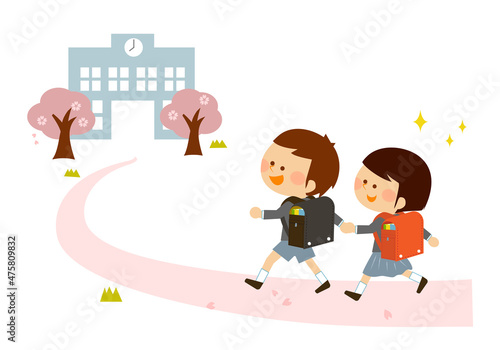 ランドセルを背負い小学校に行く一年生の子供たち