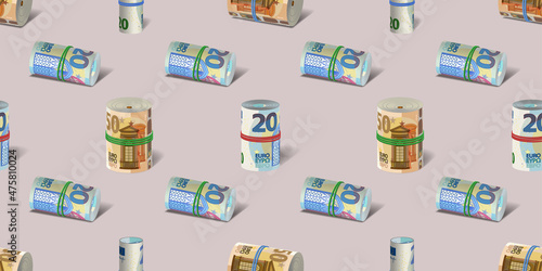 3D seamless pattern. European Union paper money rolled into rolls and tied with colored rubber bands. Banknotes of 20 and 50 euros with shadows