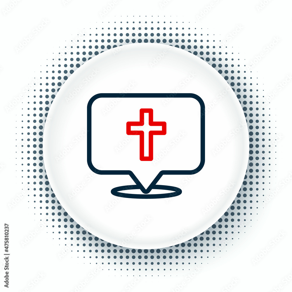 Obraz premium Line Map pin church building icon isolated on white background. Christian Church. Religion of church. Colorful outline concept. Vector