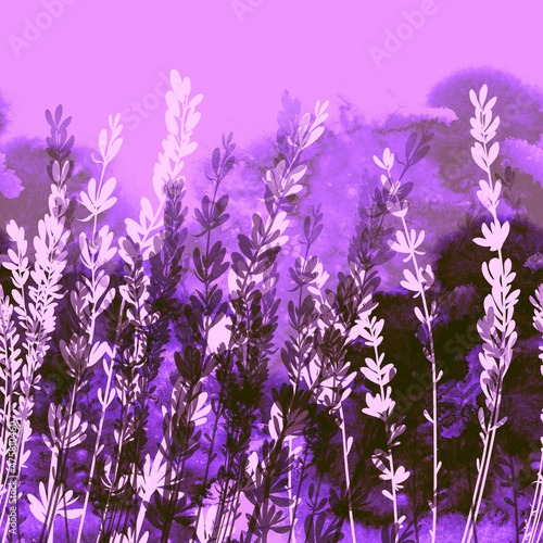 Lavender field tender seamless border. Digital hand drawn picture with watercolour texture. Mixed media artwork. Endless motif for packaging, scrapbooking, decoupage, textiles and more.