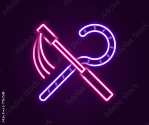 Glowing neon line Crook and flail icon isolated on black background. Ancient Egypt symbol. Scepters of egypt. Colorful outline concept. Vector