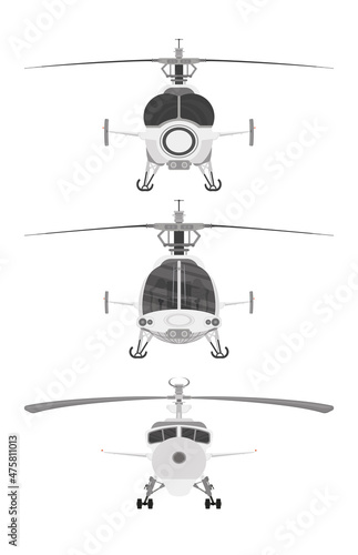 Set helicopters front view isolated on white background.